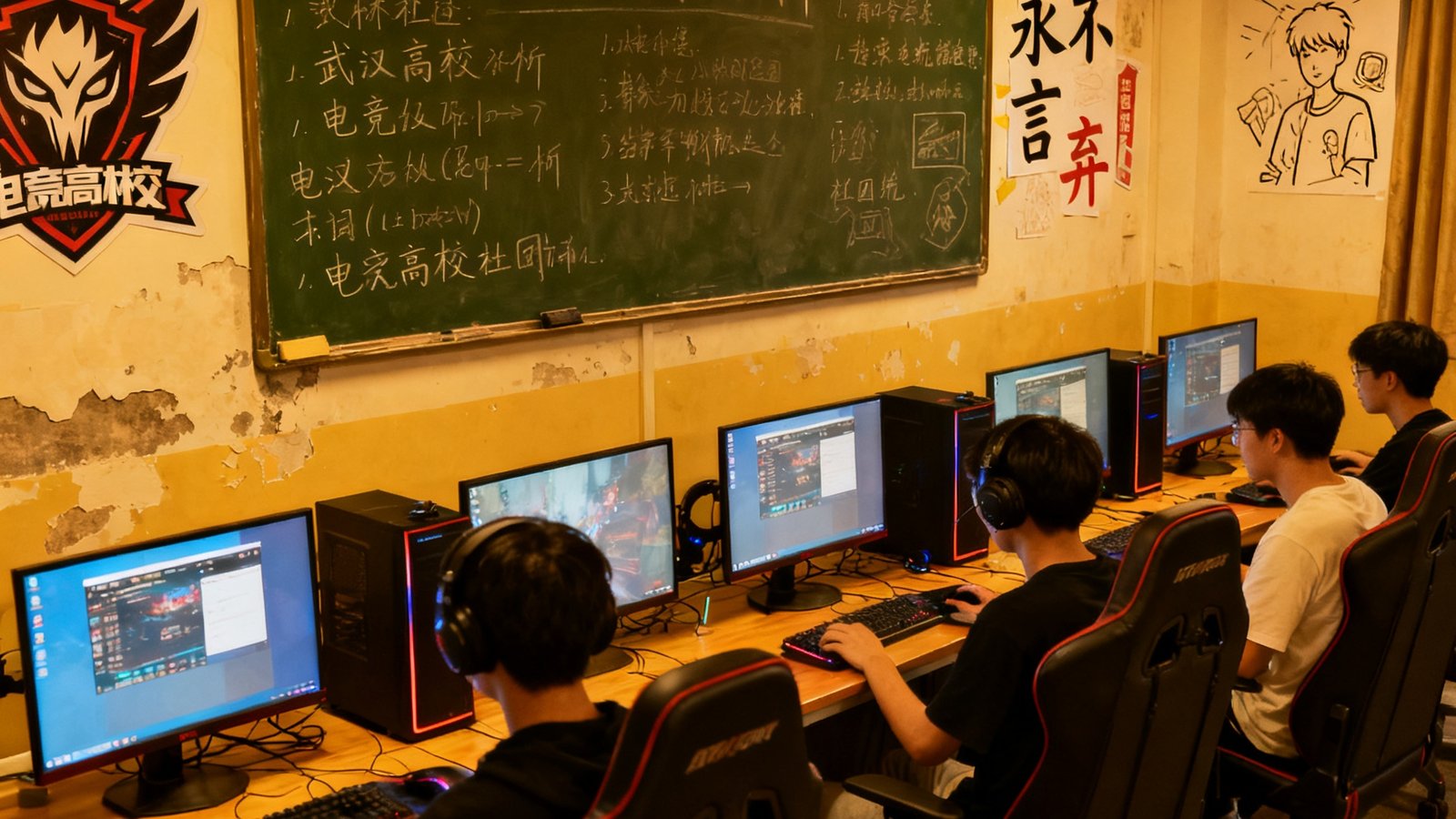 武汉某高校电竞社团在活动室里进行日常训练，五台电脑排列整齐，黑板上写满了BP战术分析，墙上贴着手绘的战队logo和激励标语