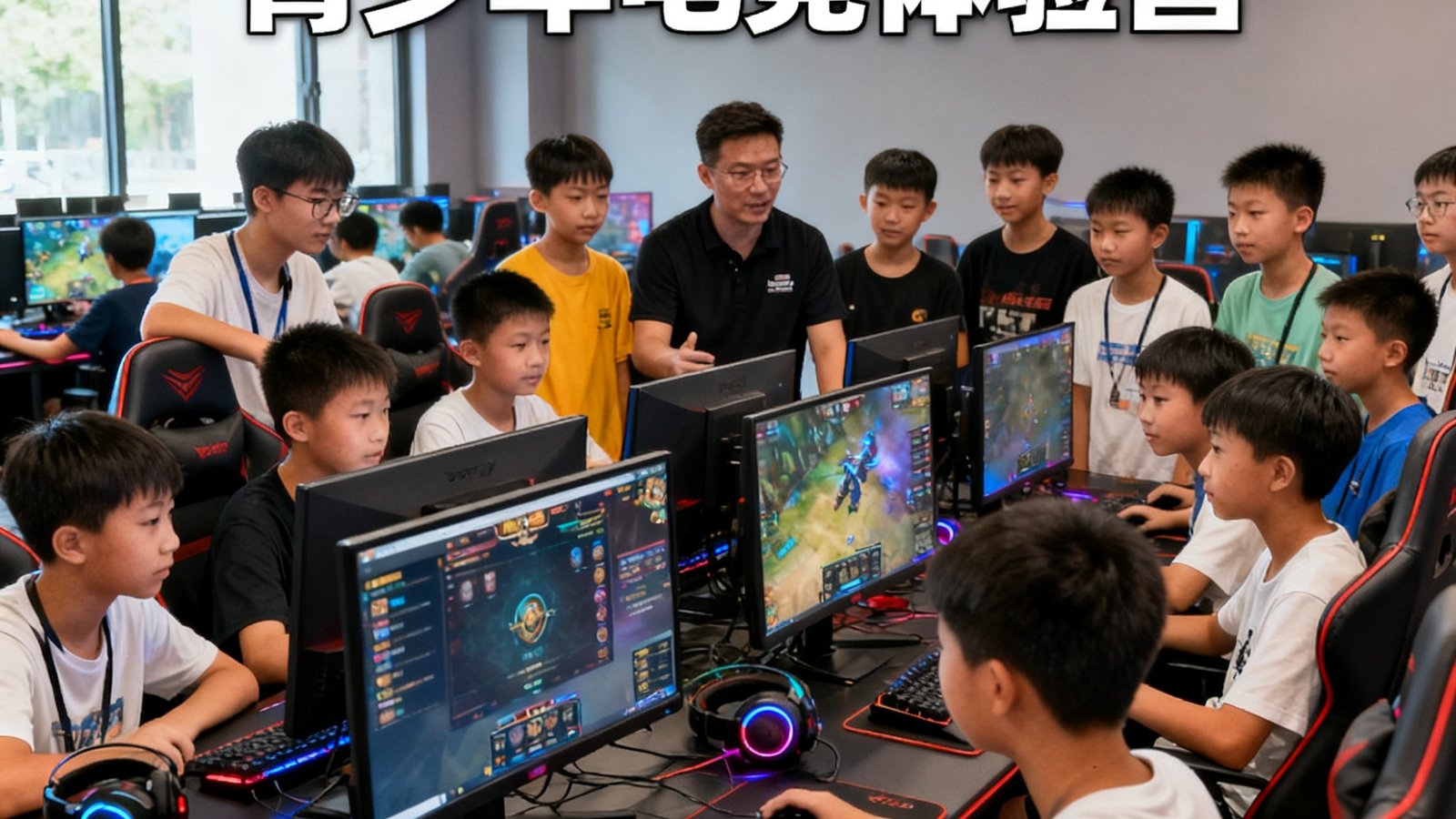完美世界电竞暑期青少年电竞体验营活动中，三十多名中小学生在专业教练指导下体验电竞赛事流程，他们分成小组围坐在电脑前学习团队协作与沟通技巧