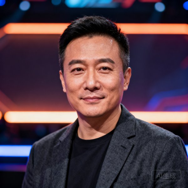 完美世界电竞创始人张驰的正面半身照，他约四十岁，穿着深灰色休闲西装，背景为电竞舞台的灯光，神情坚定而温和